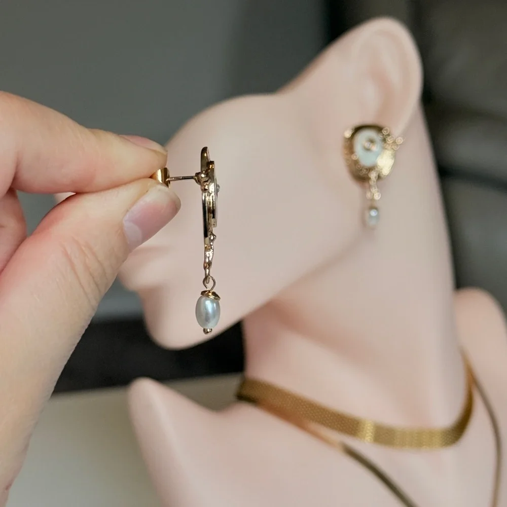 Gold and White Pearl Drop Earrings